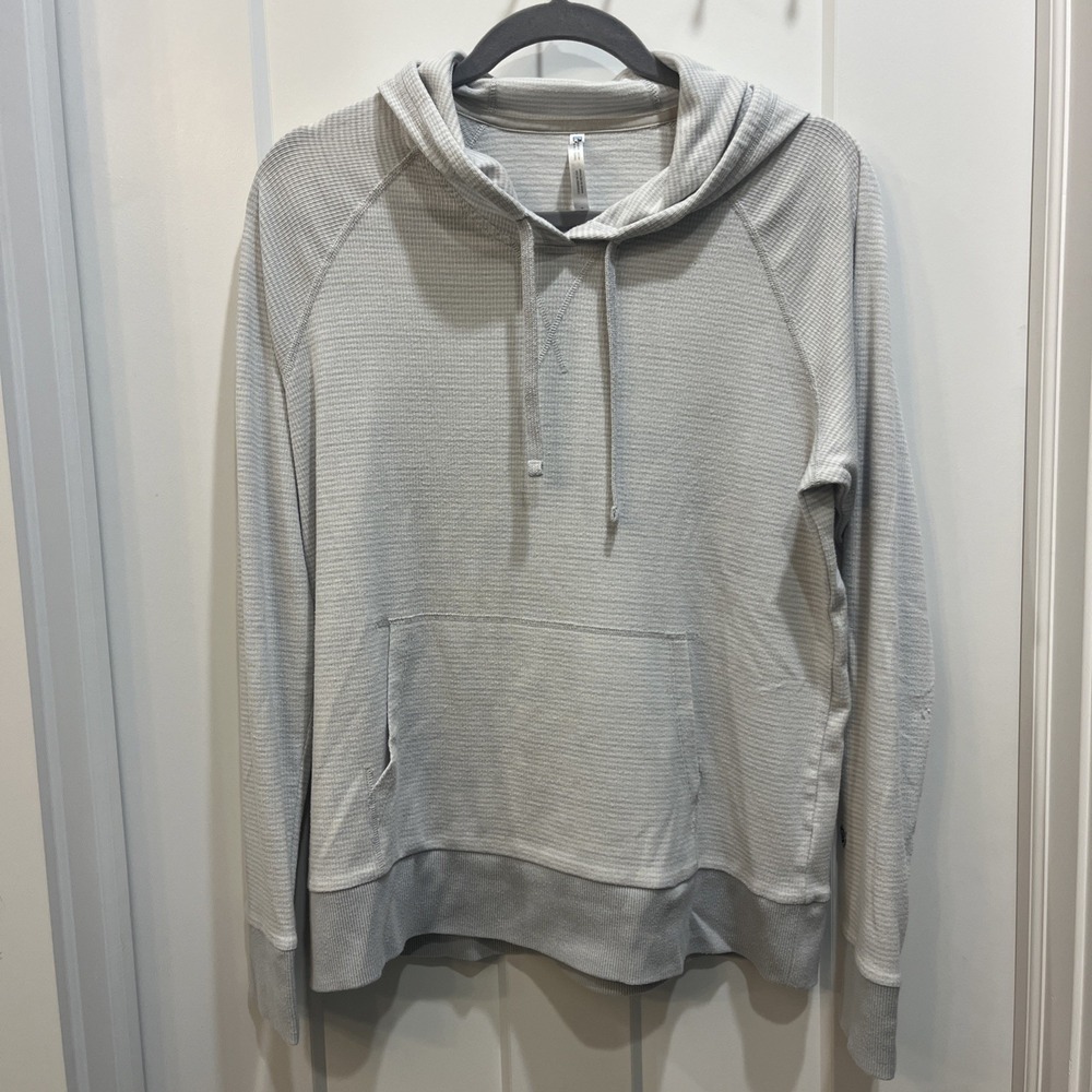 Kuhl Stria Women's Gray Striped Hoodie Shirt Activewear Pullover Hood & Pocket L